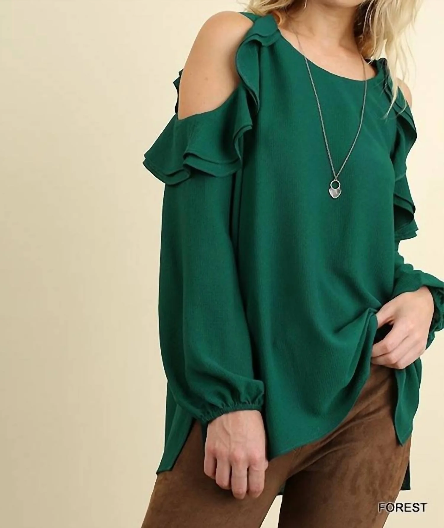 Ruffle Open Shoulder Blouse - Plus In Forest