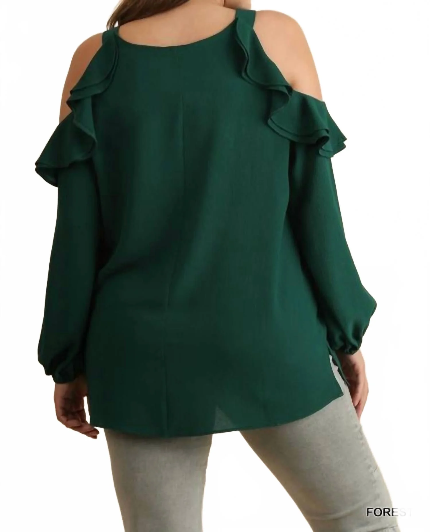 Ruffle Open Shoulder Blouse - Plus In Forest - Image 3