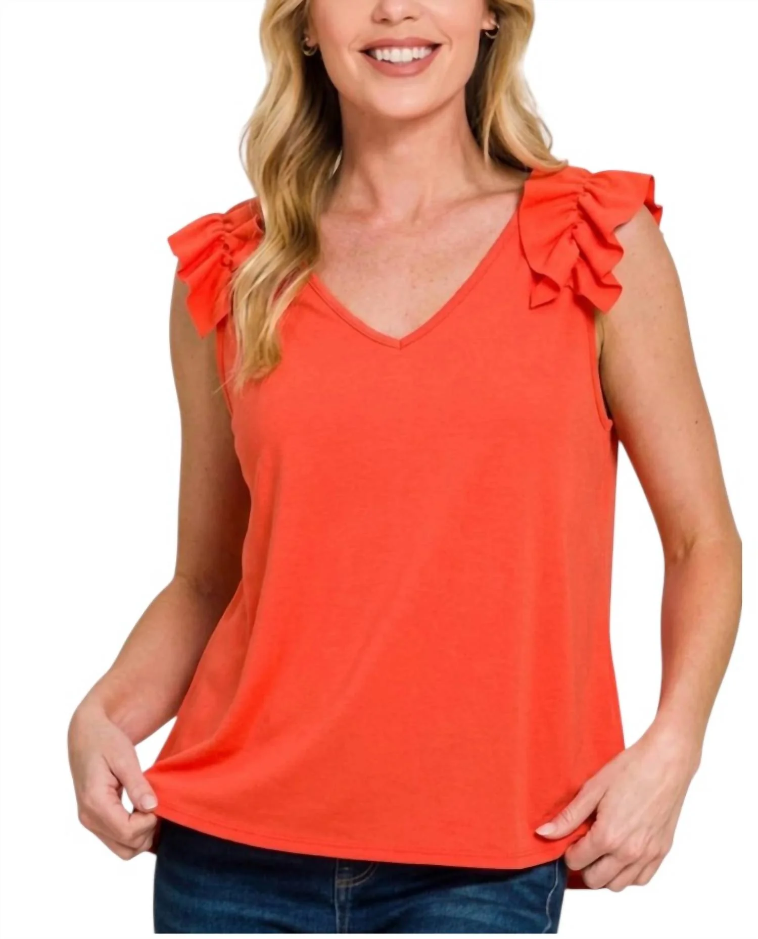 Ruffle Shoulder Tank In Orange