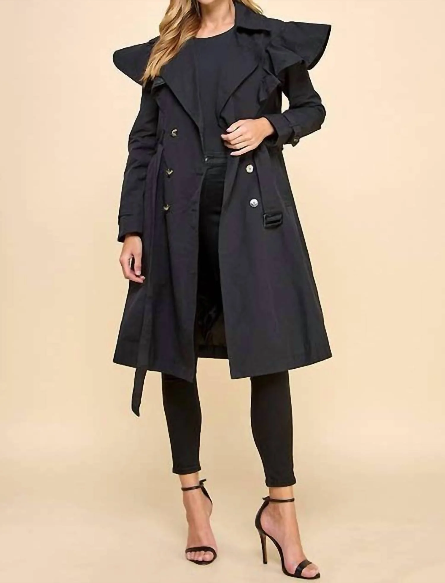 Ruffle Shoulder Trench Coat In Black