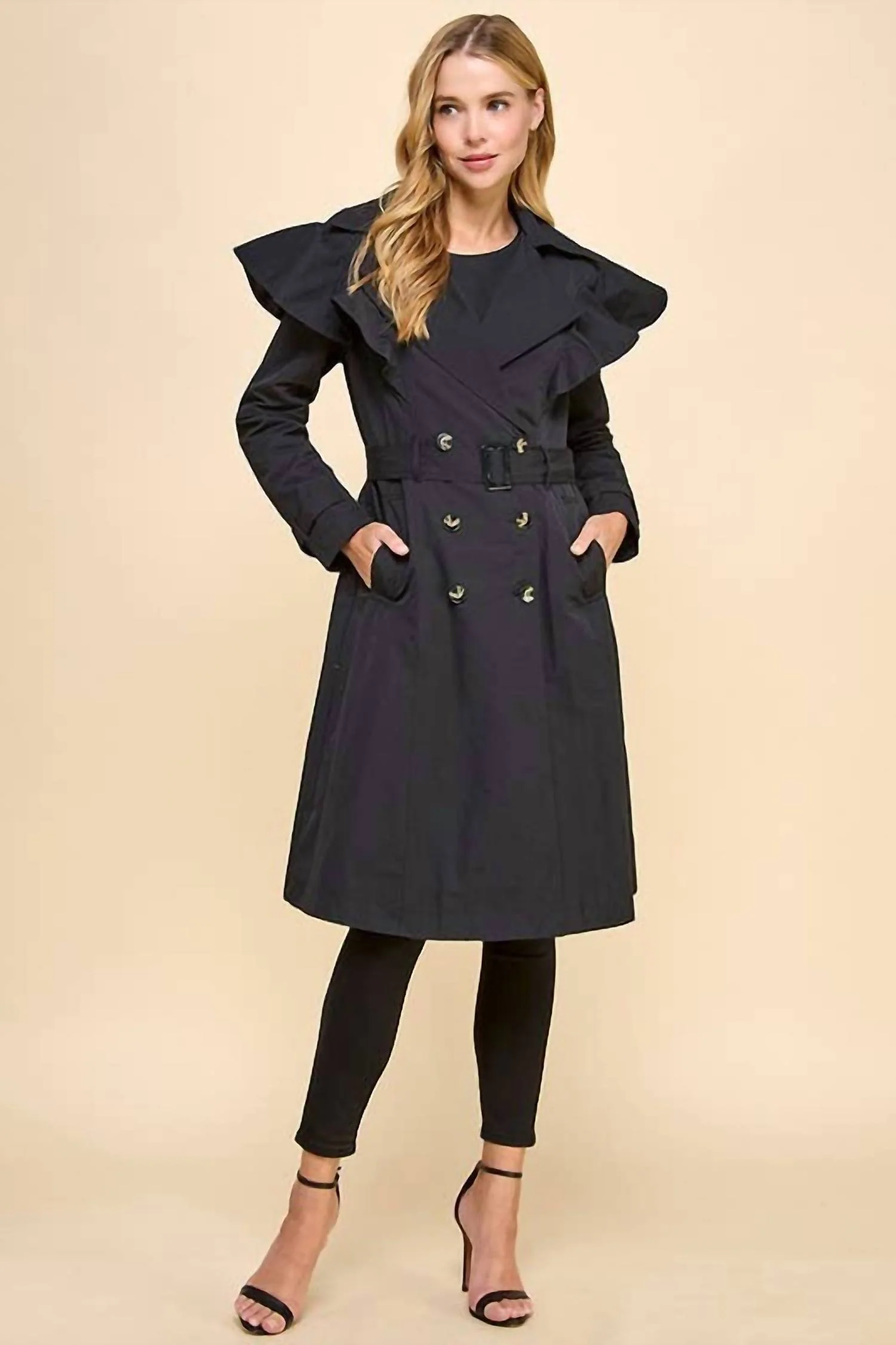 Ruffle Shoulder Trench Coat In Black - Image 3