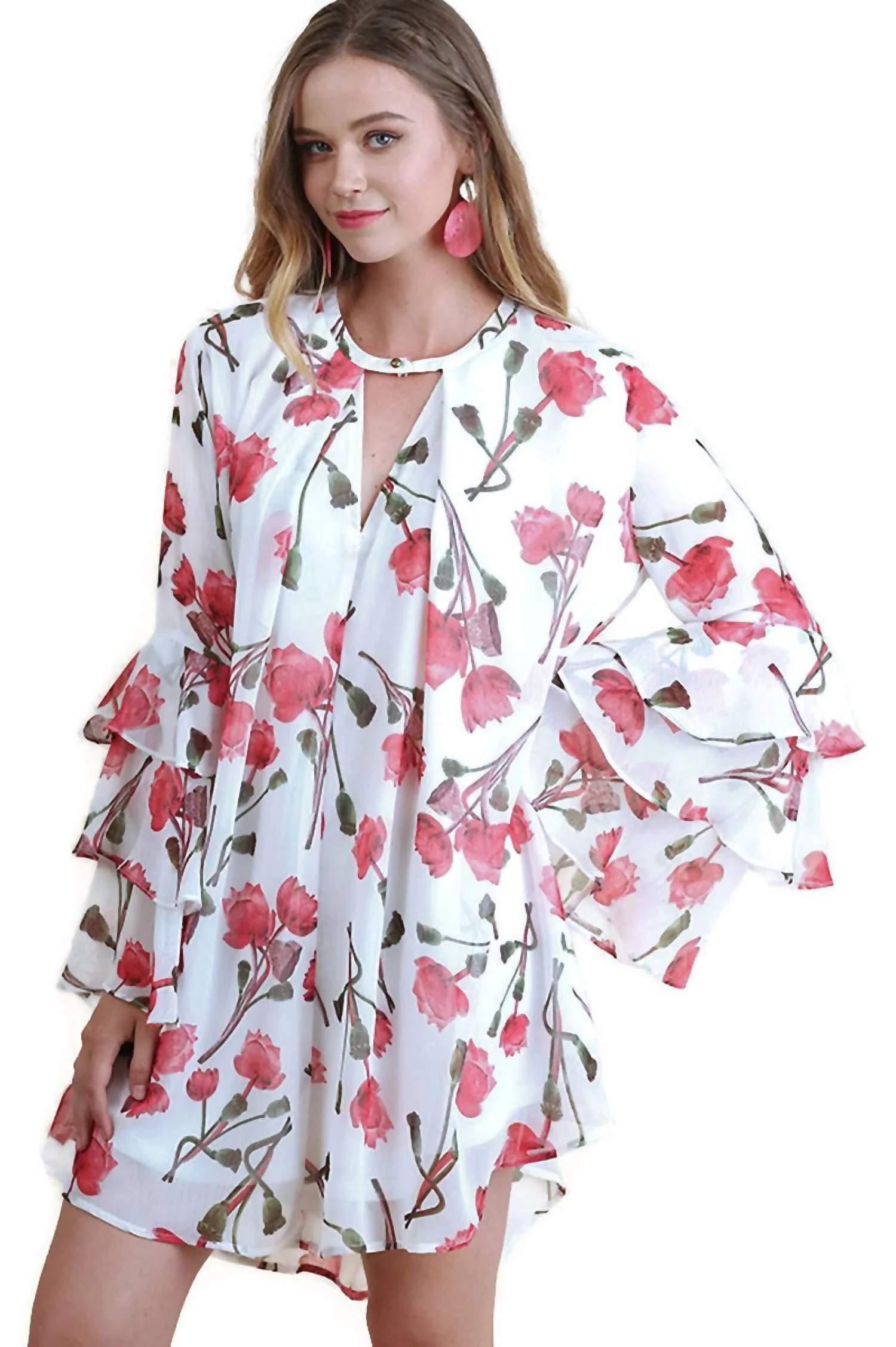 Ruffle Sleeve Floral Keyhole Dress In Cream