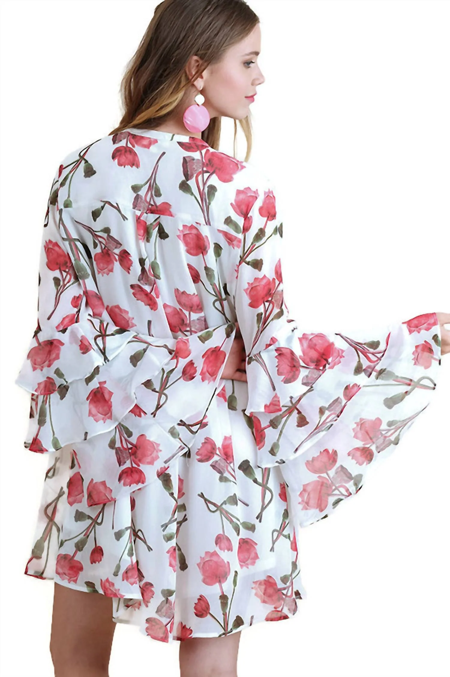 Ruffle Sleeve Floral Keyhole Dress In Cream - Image 2
