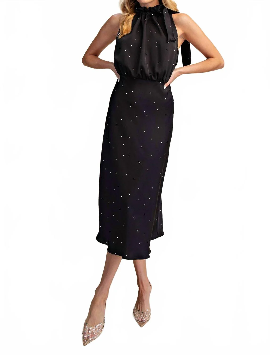 Ruffle Tie Neck Sleeveless Midi Dress In Black