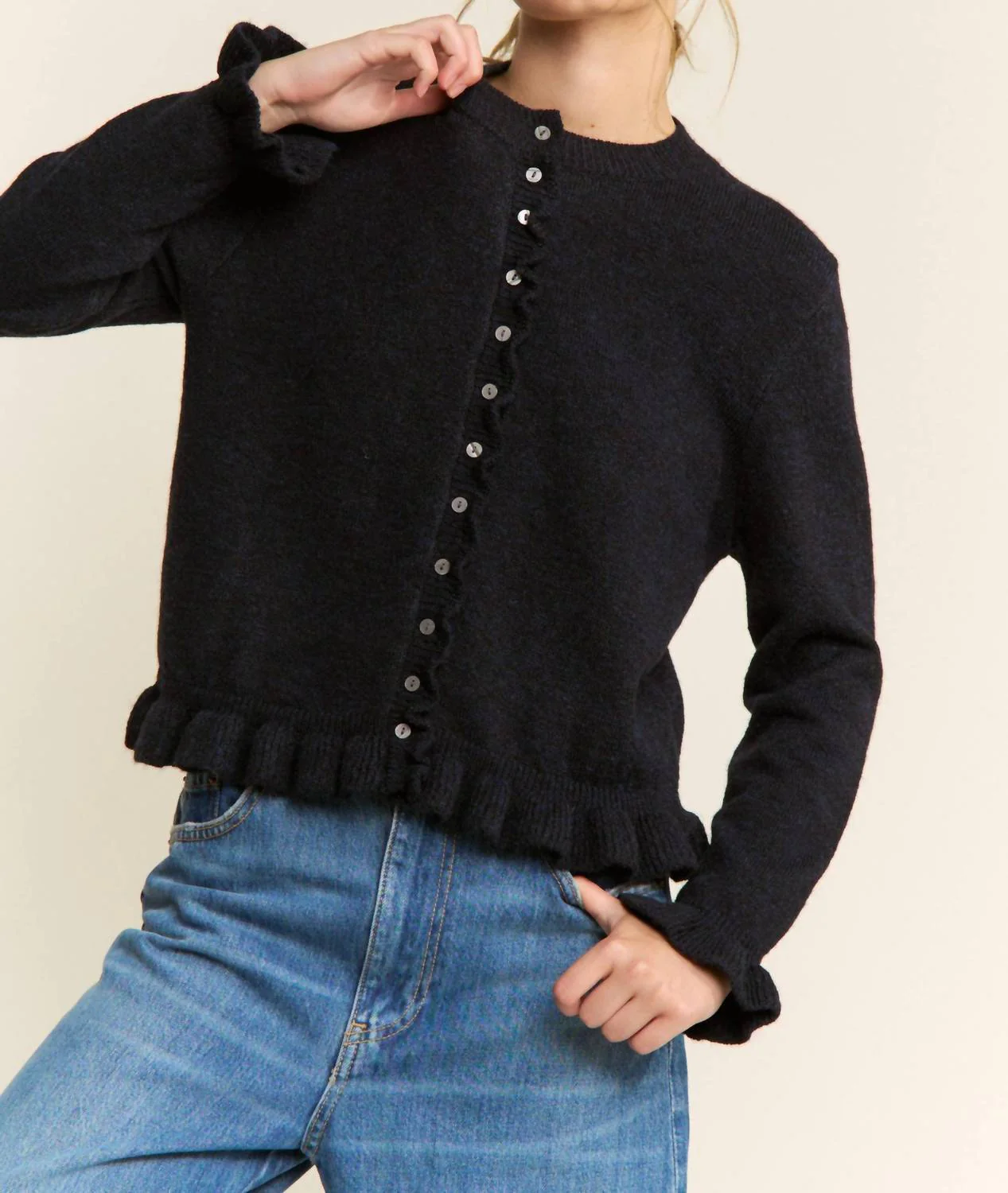 Ruffle Trim Button Up Cardigan In Navy - Image 4