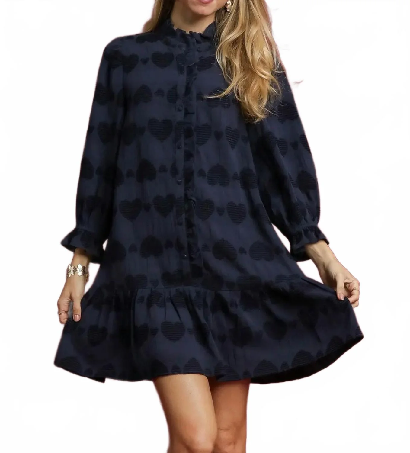 Ruffle Trim Heart Print Dress In Navy
