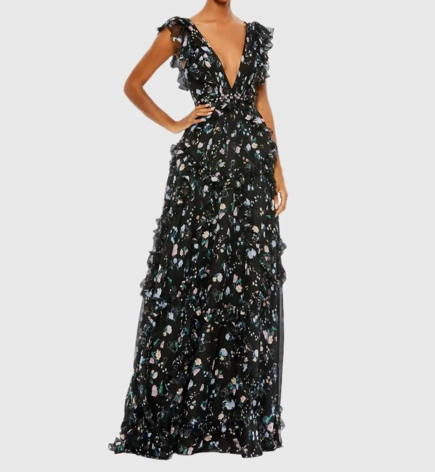 Ruffled Floral Print Cap Sleeve Gown In Black Multi
