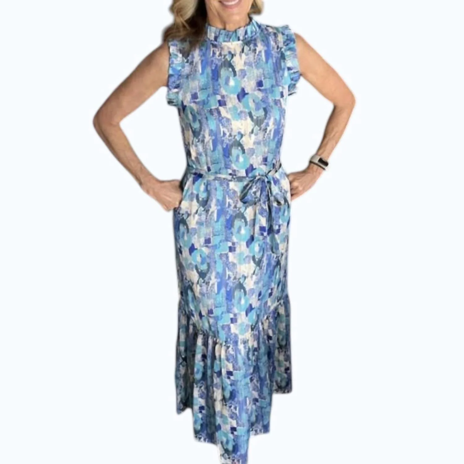 Ruffles Trim Maxi Dress In Blue Motif