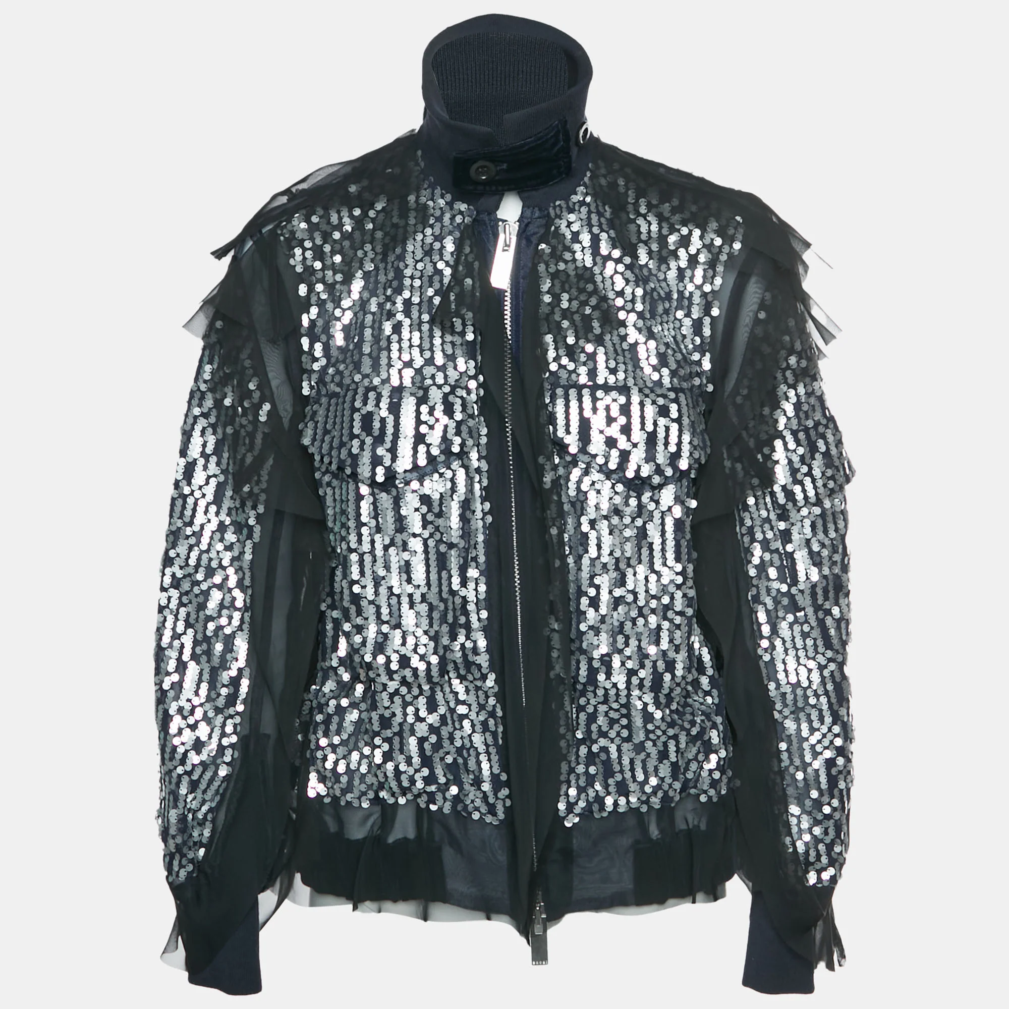 Sacai Navy Blue/silver Sequins Ruffled Bomber Jacket