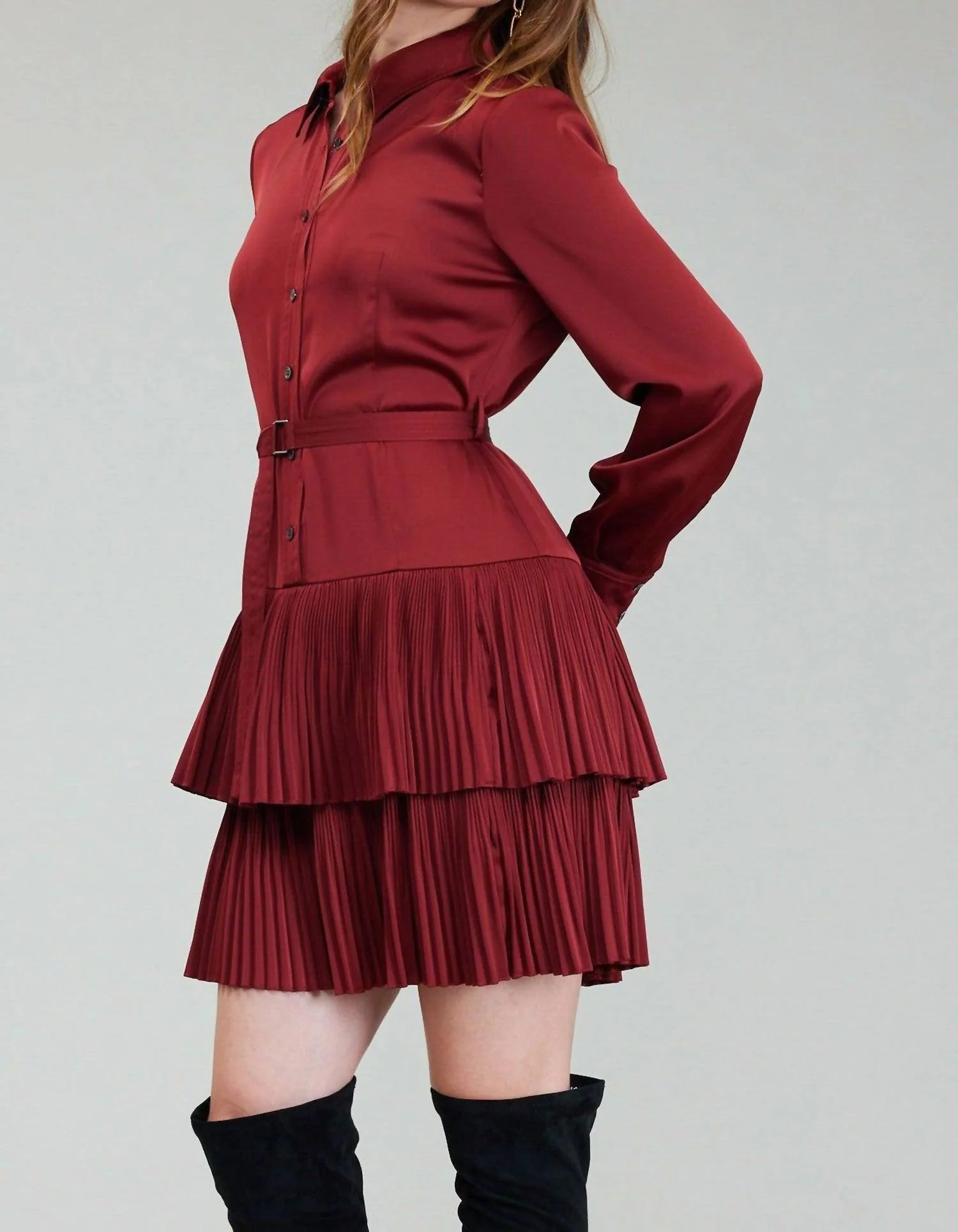 Saffira Shirt Dress W/ Pleated Tie In Burnt Umber - Image 2