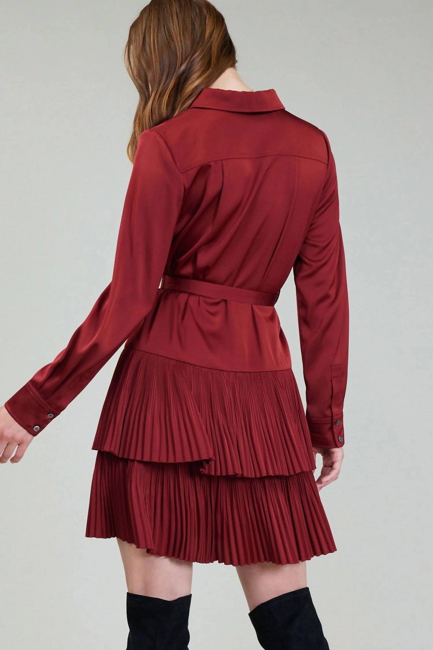 Saffira Shirt Dress W/ Pleated Tie In Burnt Umber - Image 3
