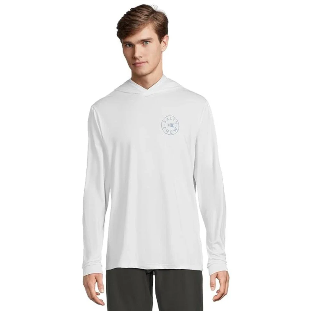 Salty Crew Watermark Sunshirt Men White Stretch Long Sleeve Hooded DDR2618