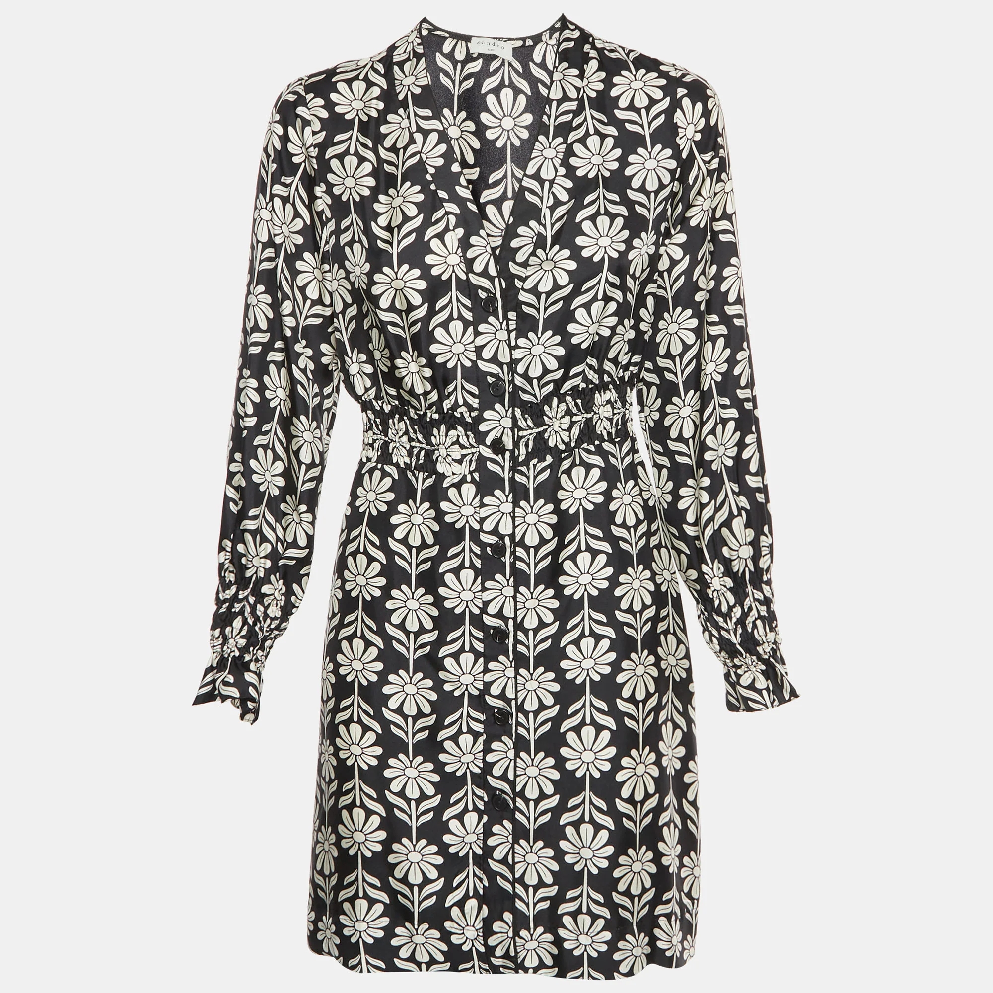 Sandro Black Floral Print Sateen Illiana Mini Dress