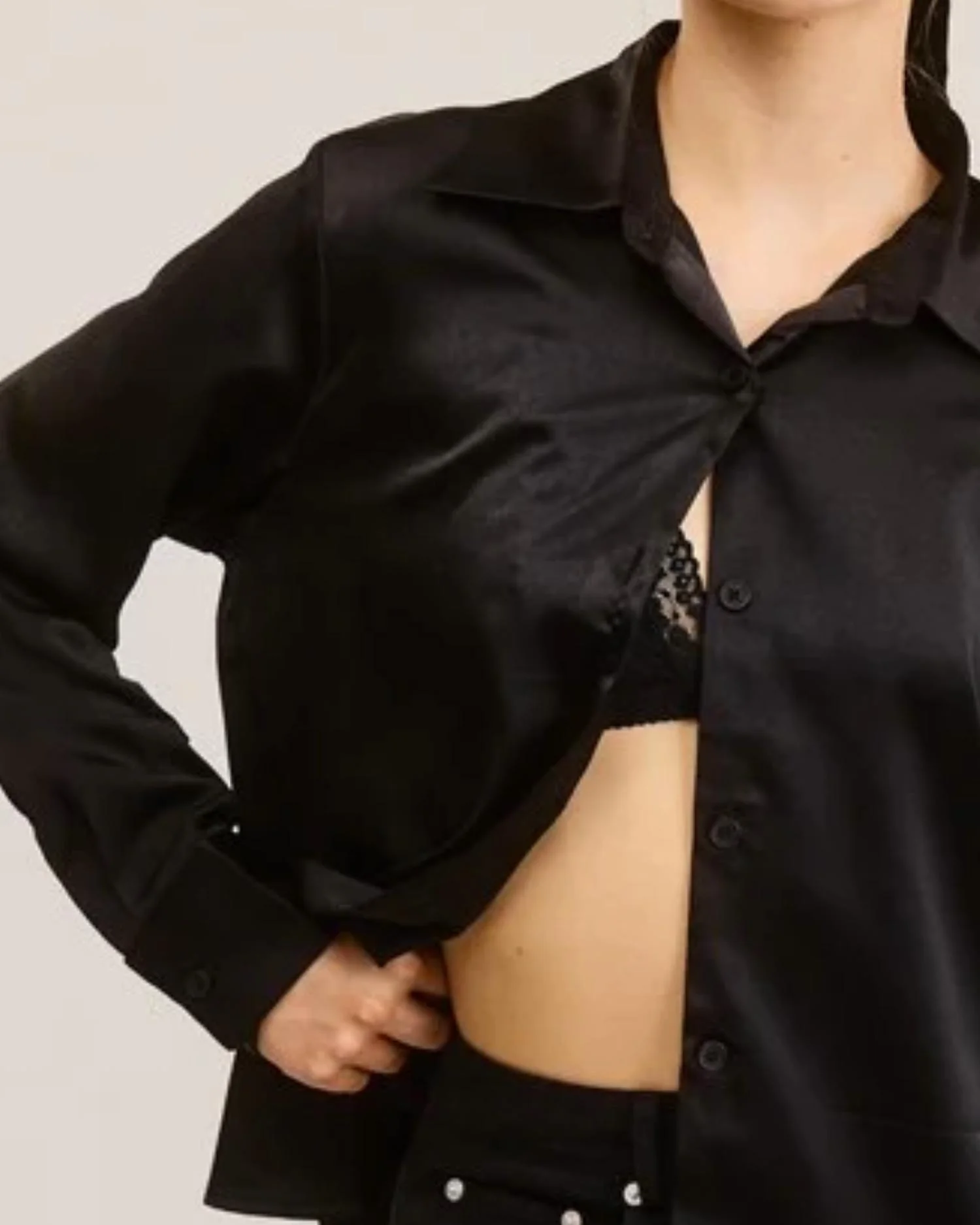Satin Button Down Long Sleeve Blouse In Black - Image 2