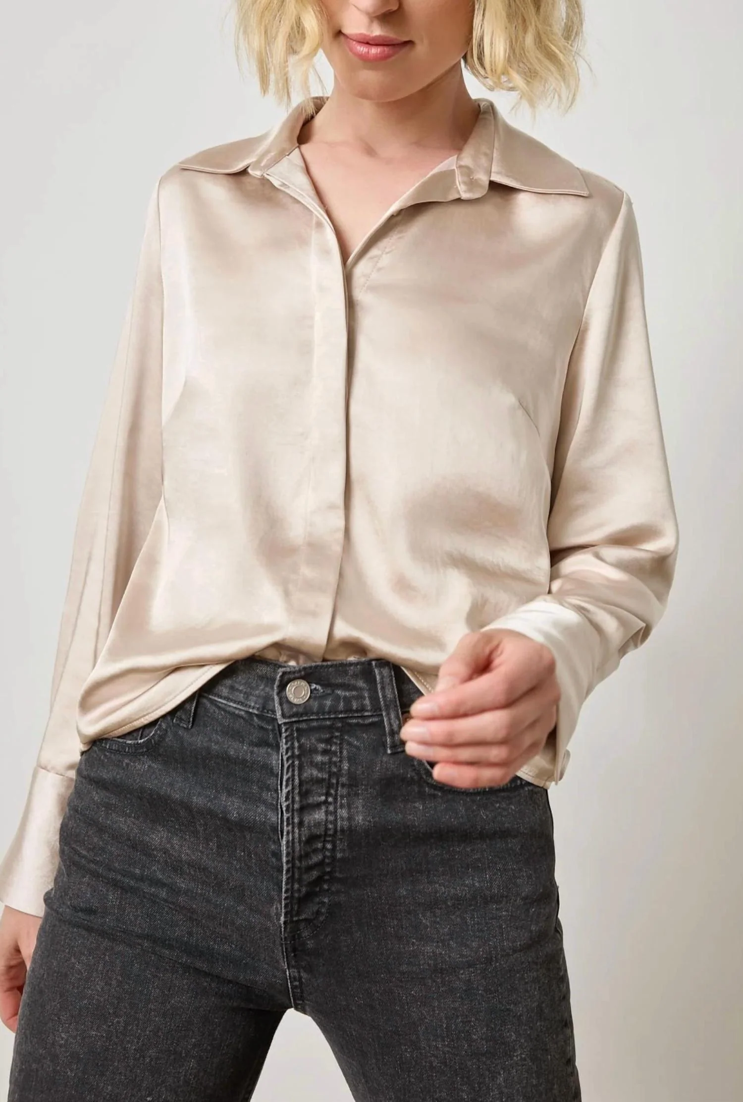 Satin Button Down Shirt In Angora - Image 3
