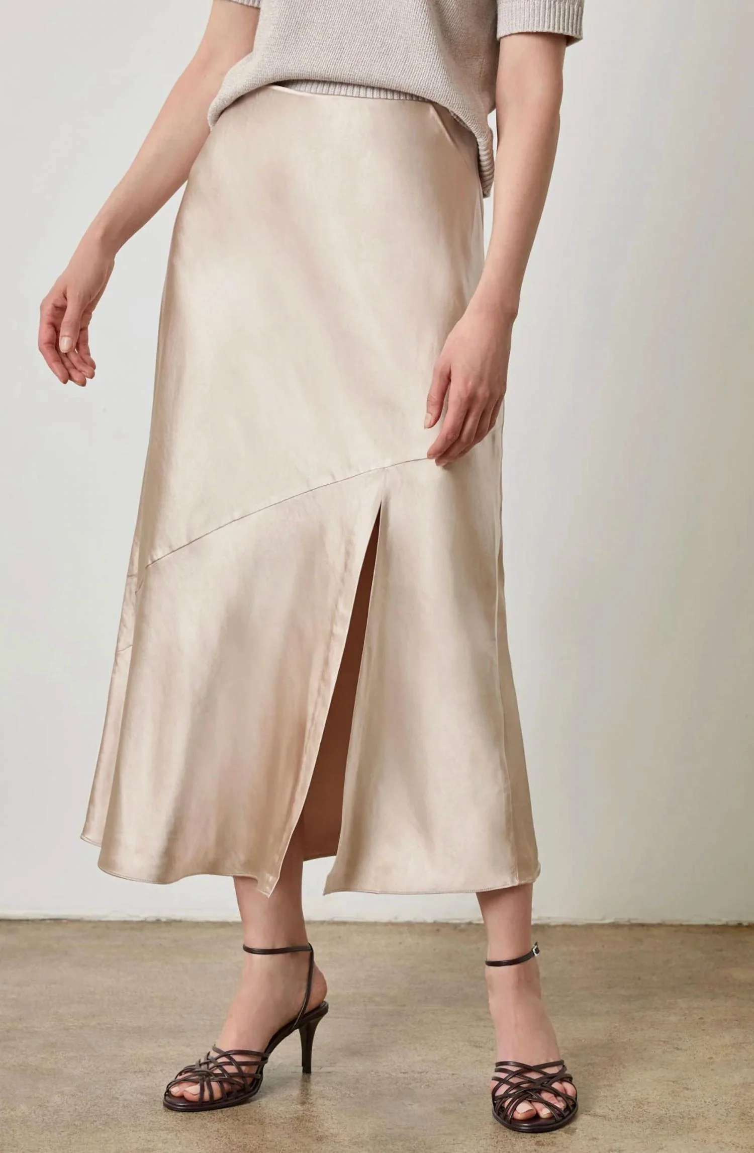 Satin Slit Front Skirt In Angora