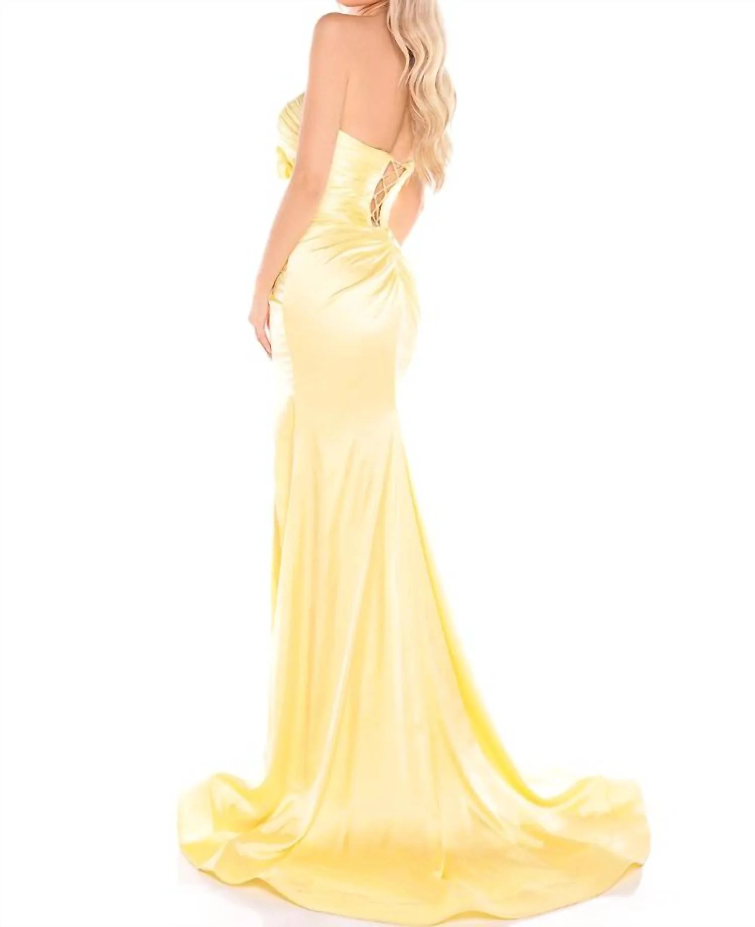 Satin Strapless With Bow Accent Gown In Light Yellow - Image 2
