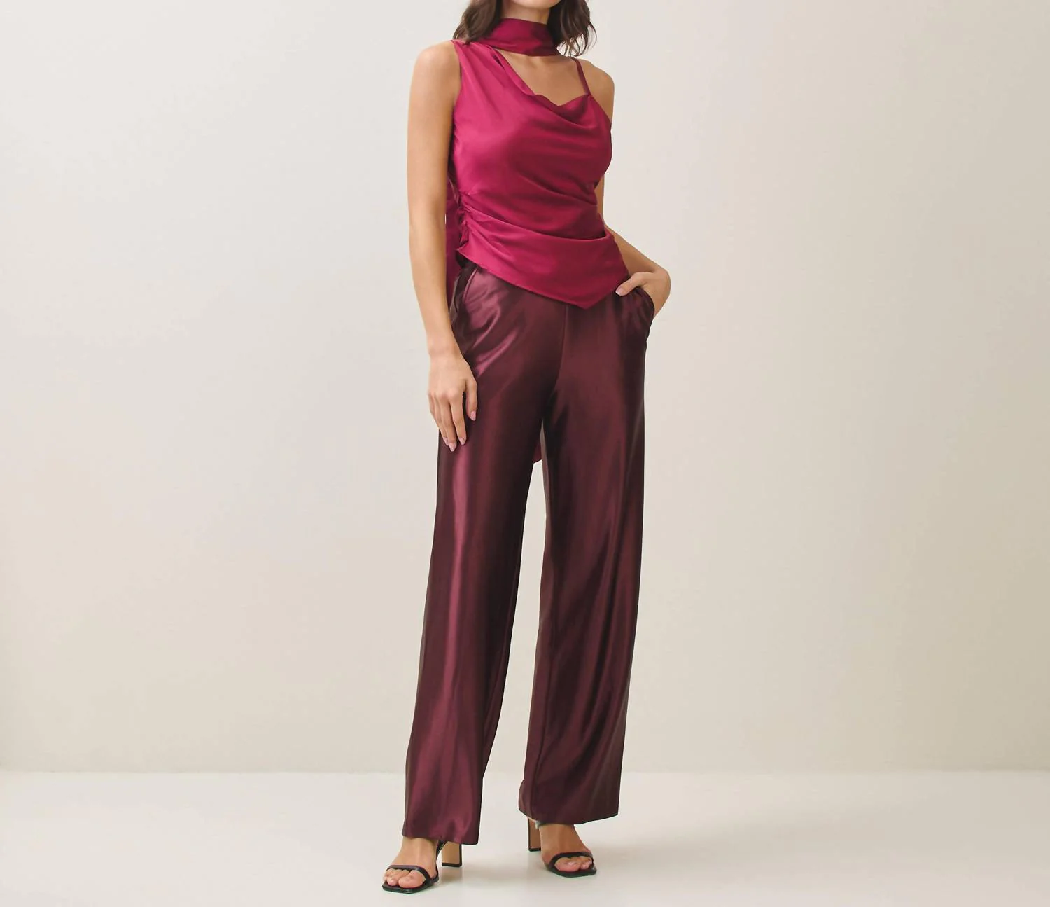 Satin Stretch Trousers In Burgundy