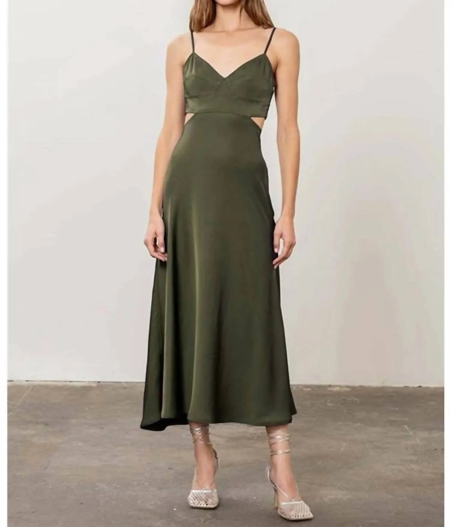 Satin Waist Cutout Smocked Back V-Neck Sleeveless Dress In Olive
