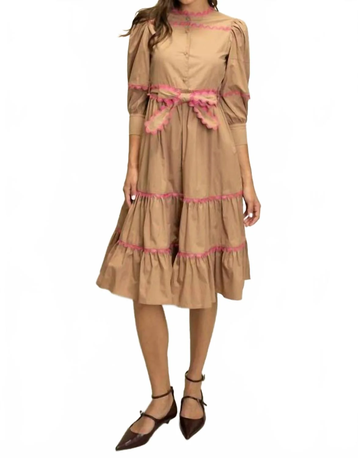 Scallop Trim Tiered Midi Dress In Mocha - Image 4