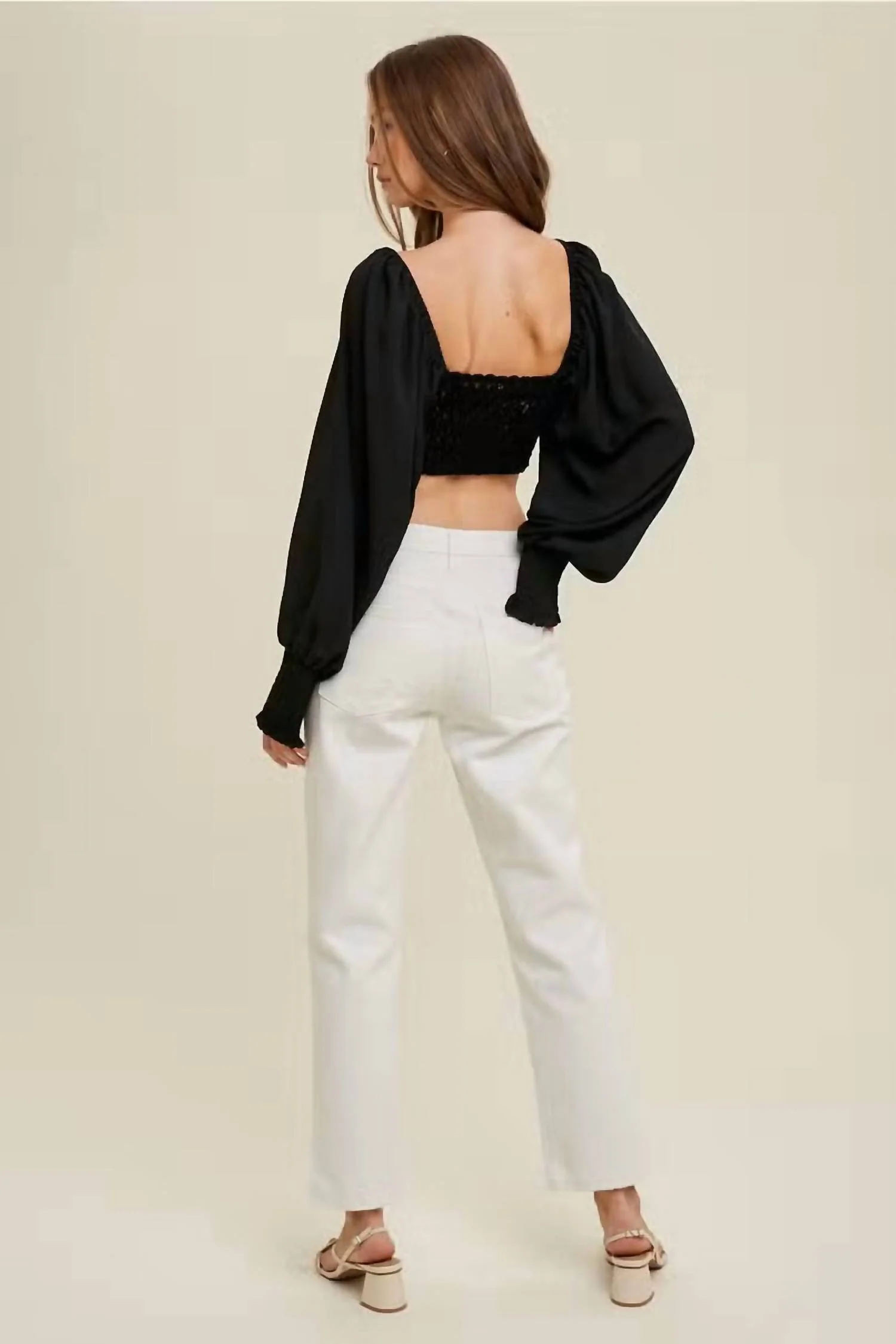 Scalloped Long Sleeve Cropped Top In Black - Image 2