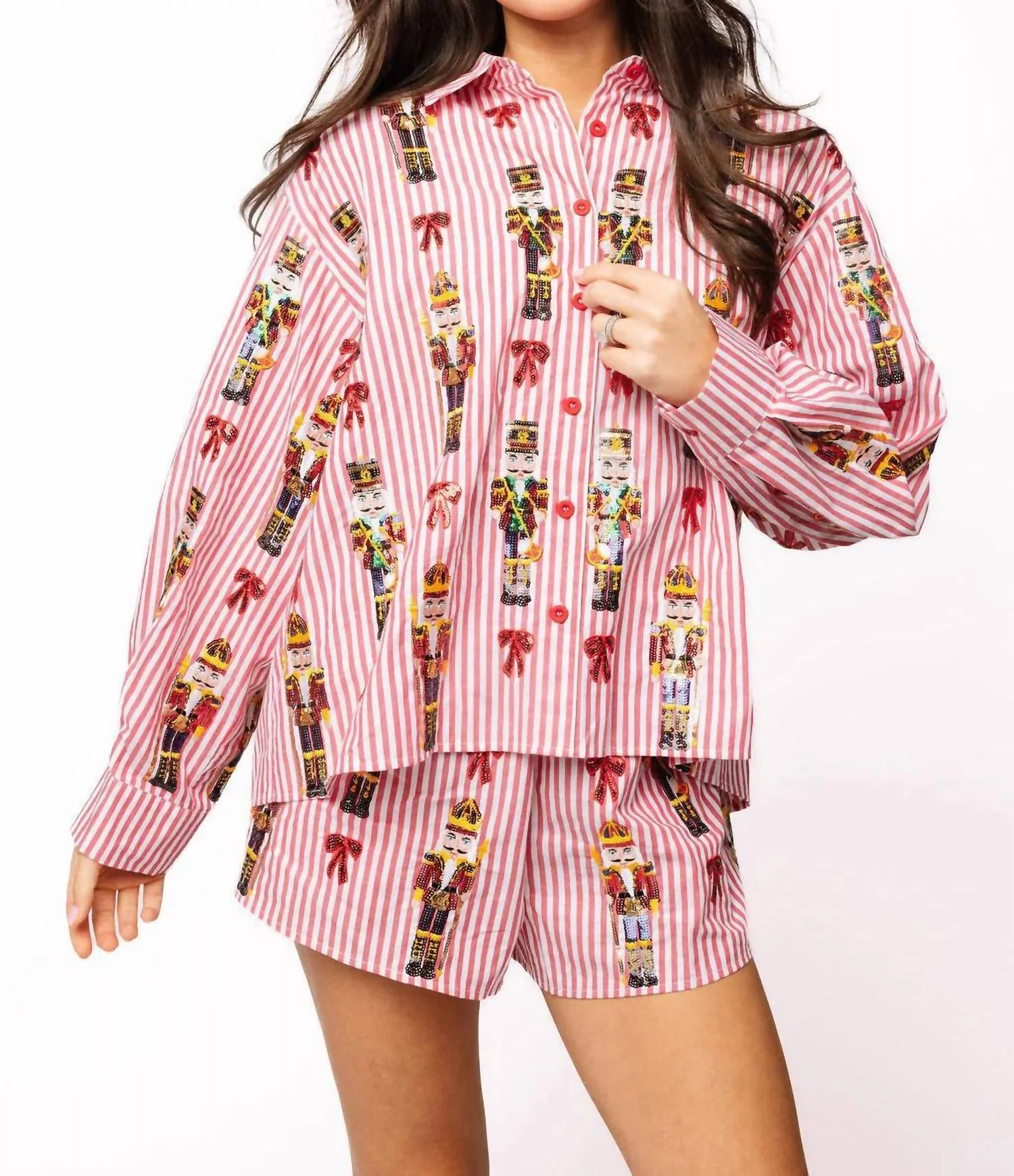 Scattered Nutcracker And Bow Cotton Shorts In Red Stripe - Image 2