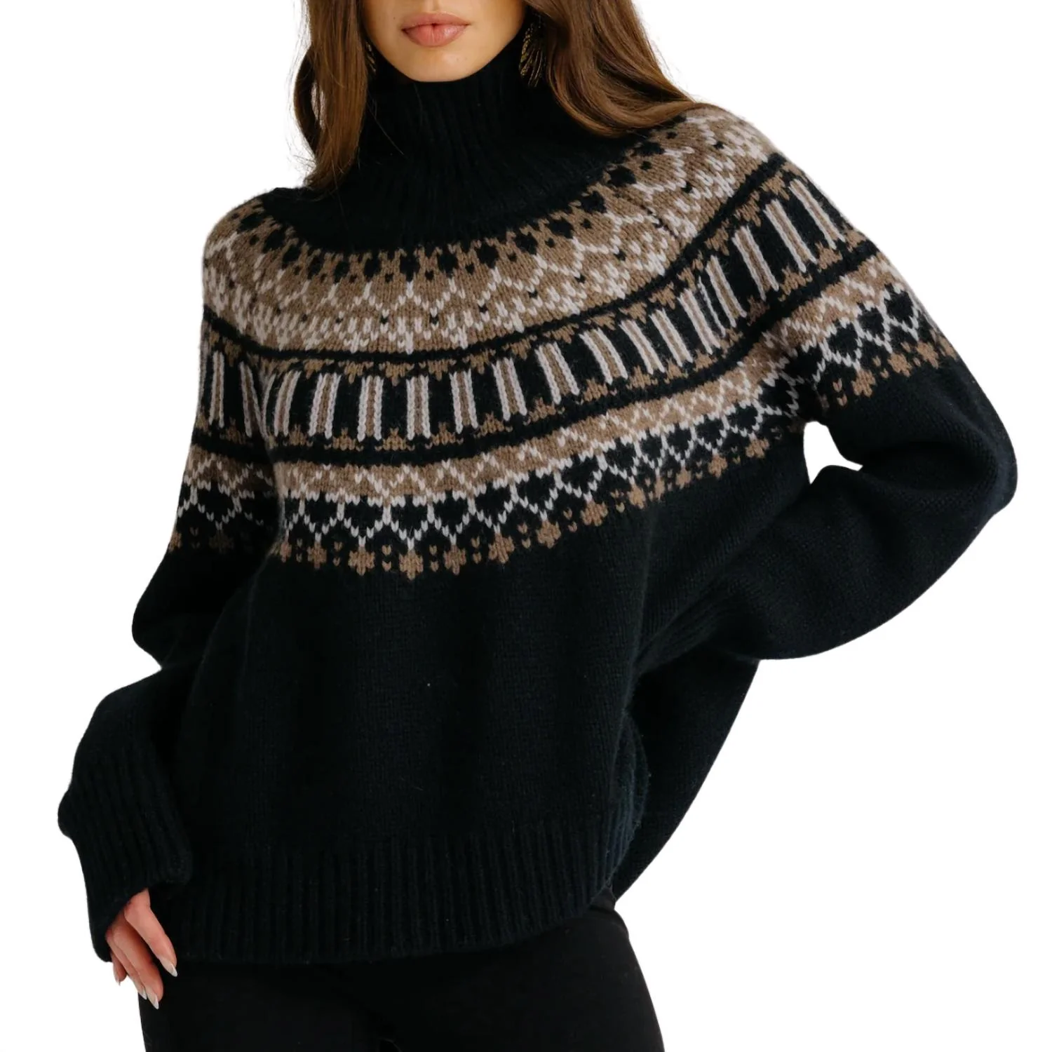 Scottie Slouchy Fair Isle Cashmere Mock Neck Sweater In Black