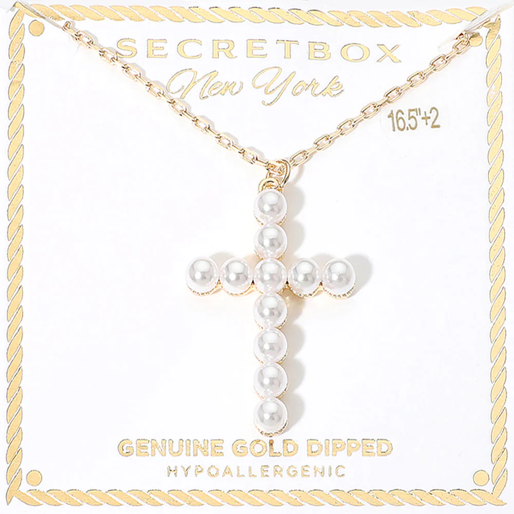 SECRET BOX_Genuine Gold Dipped Pearl Cross Pendant Necklace