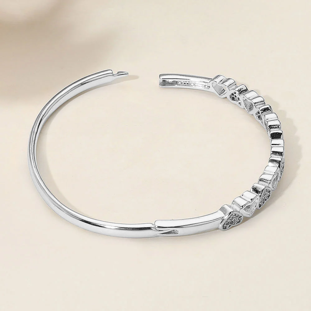 SECRET BOX_Stainless Steel Open Rhinestone Pave Heart Motif Hinged Bangle Bracelet - Image 3