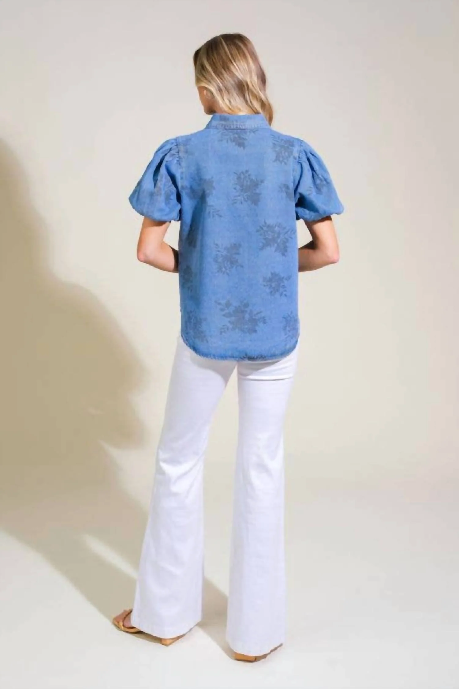 Selena Floral Print Washed Denim Top In Medium Blue - Image 2
