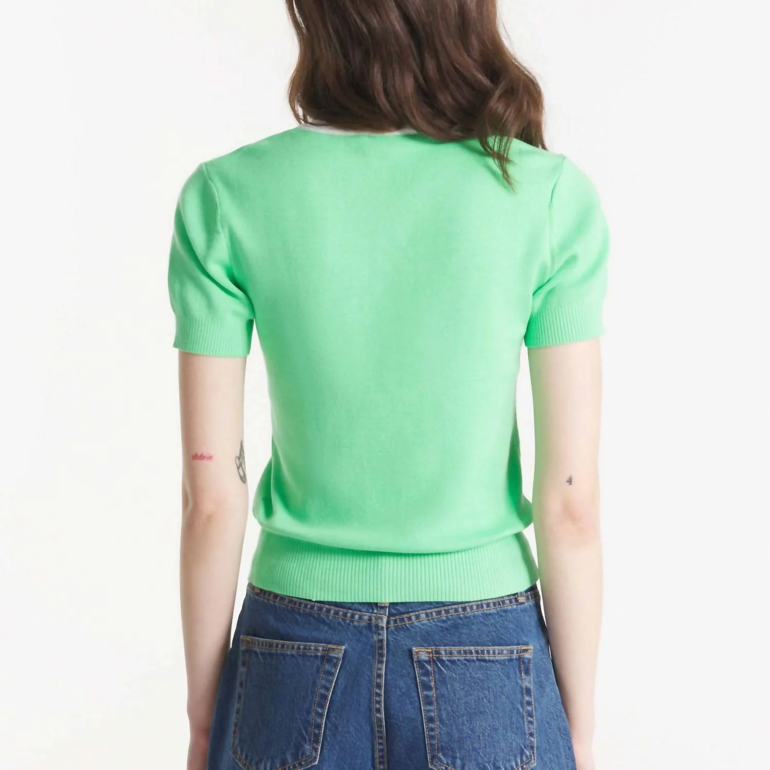 Seleste Short Sleeve Sweater In Green/off White - Image 3