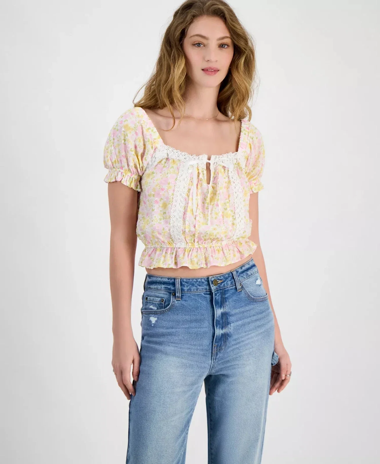 Self Esteem Crop Top Women's Multi Floral Ruffle Hem Puff Sleeve PAL146 - Image 2