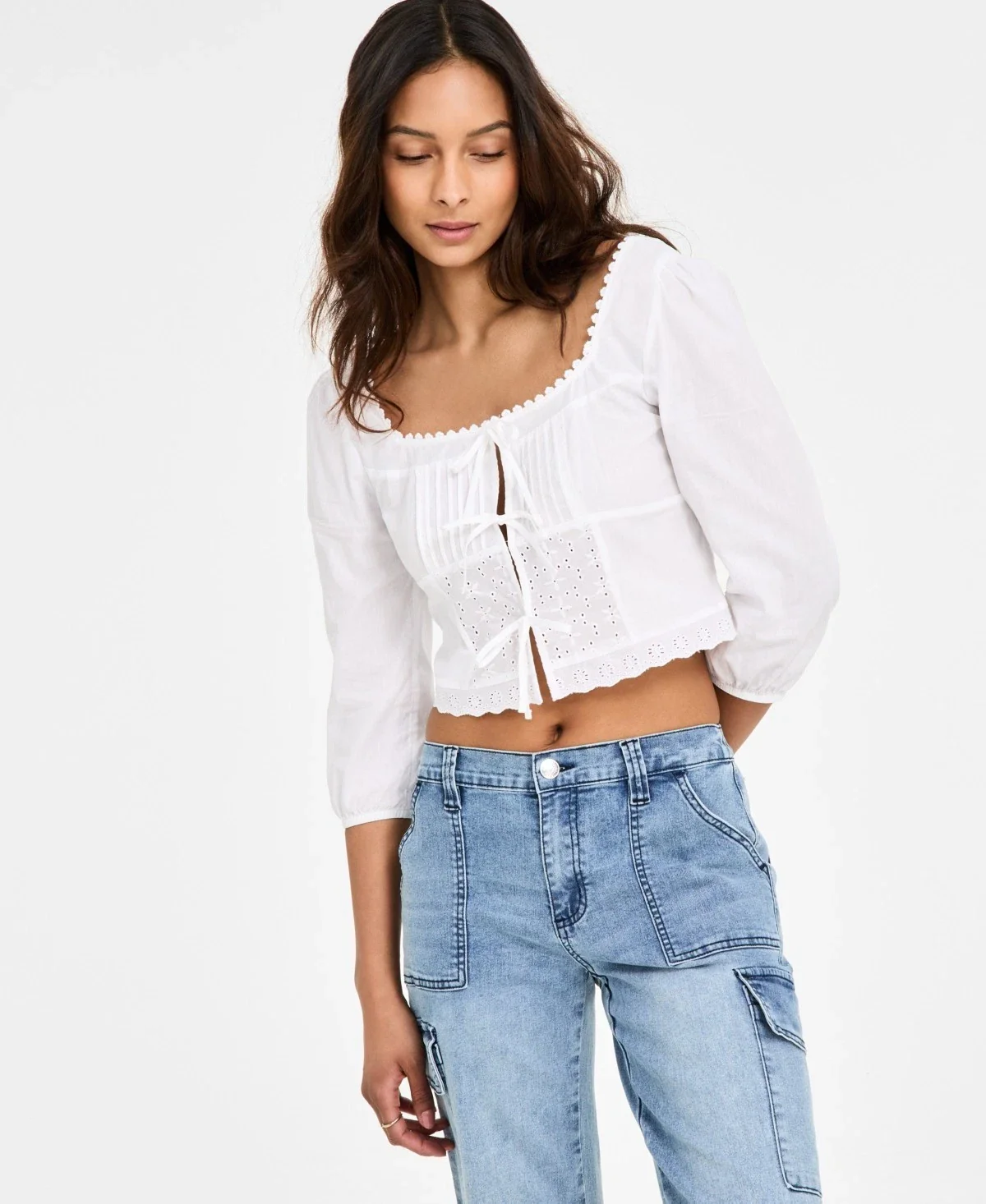 Self Esteem Crop Top Women's White Tie Front Eyelet Embroiderd Party PAL65 - Image 4