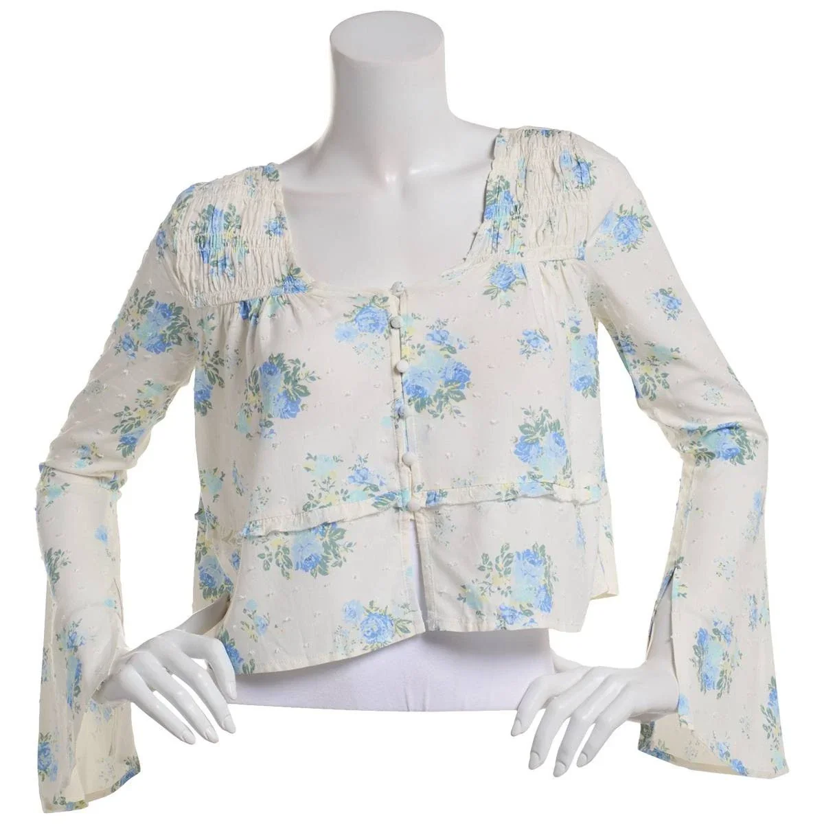 Self Esteem Peasant Top Womens Juniors Gardenia Floral Print Smocked PAL69