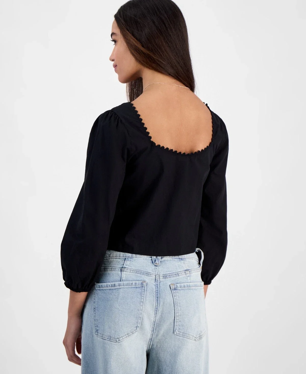 Self Esteem Top Womens Black Cotton Tie Front Scalloped Square Neck PAL157 - Image 2