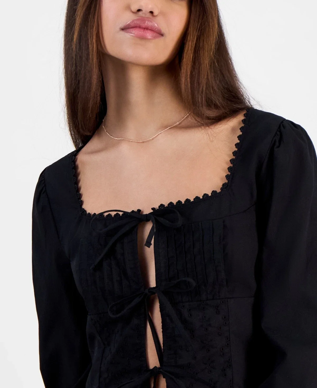 Self Esteem Top Womens Black Cotton Tie Front Scalloped Square Neck PAL157 - Image 4