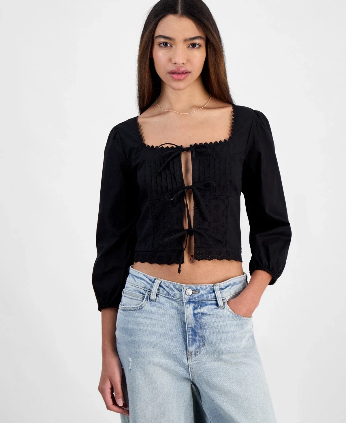 Self Esteem Top Womens Black Cotton Tie Front Scalloped Square Neck PAL157 - Image 5