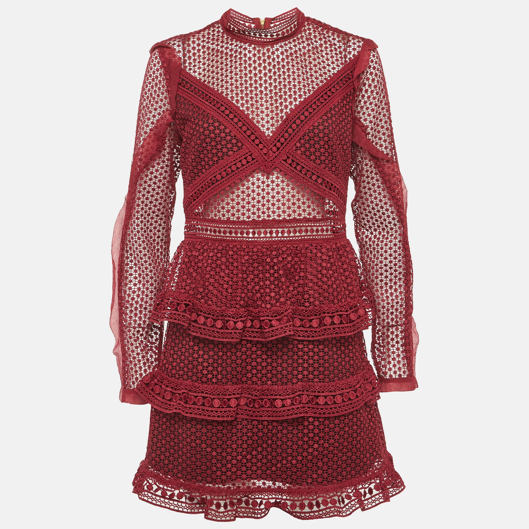 Self-Portrait Burgundy Guipure Lace Tiered Mini Dress