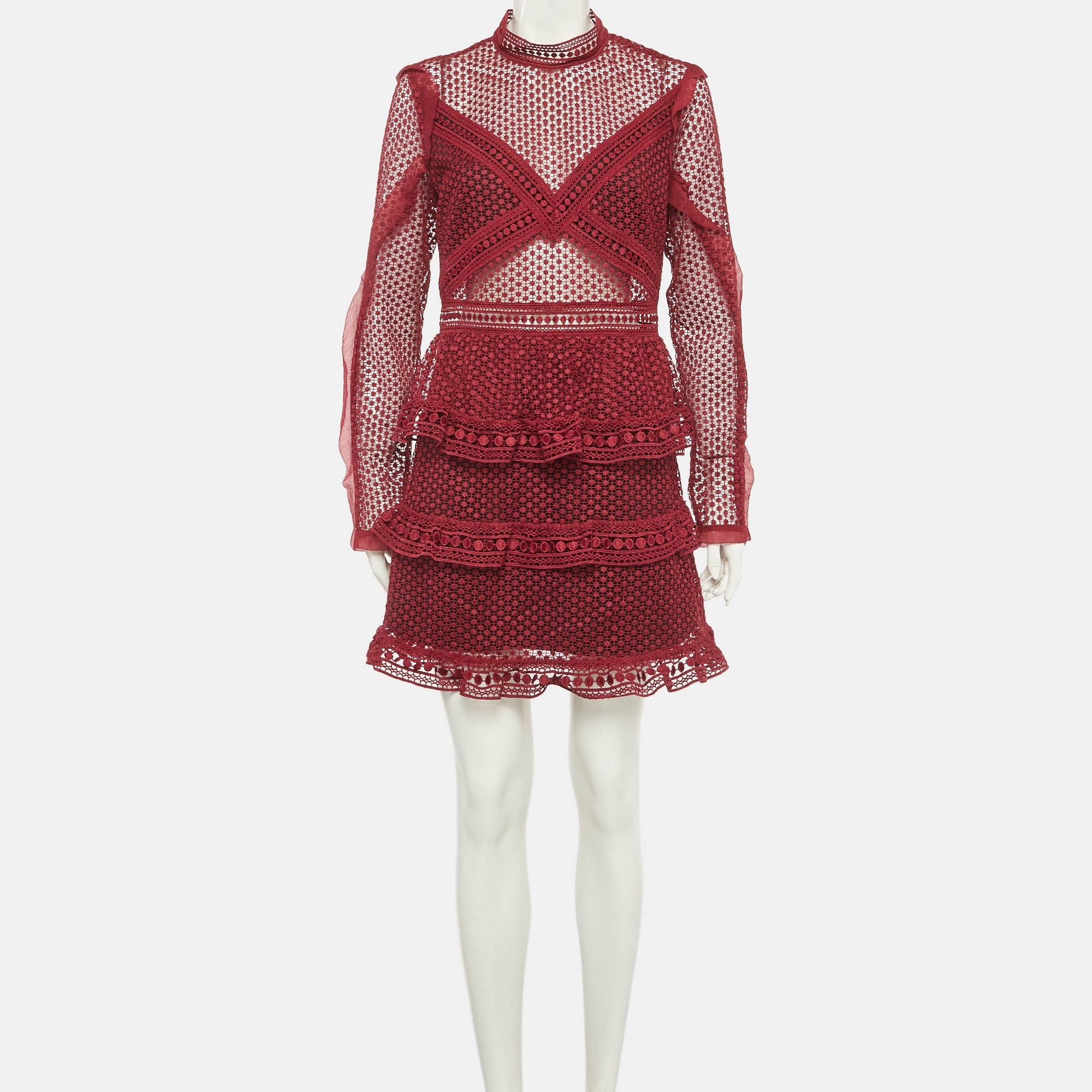 Self-Portrait Burgundy Guipure Lace Tiered Mini Dress - Image 2