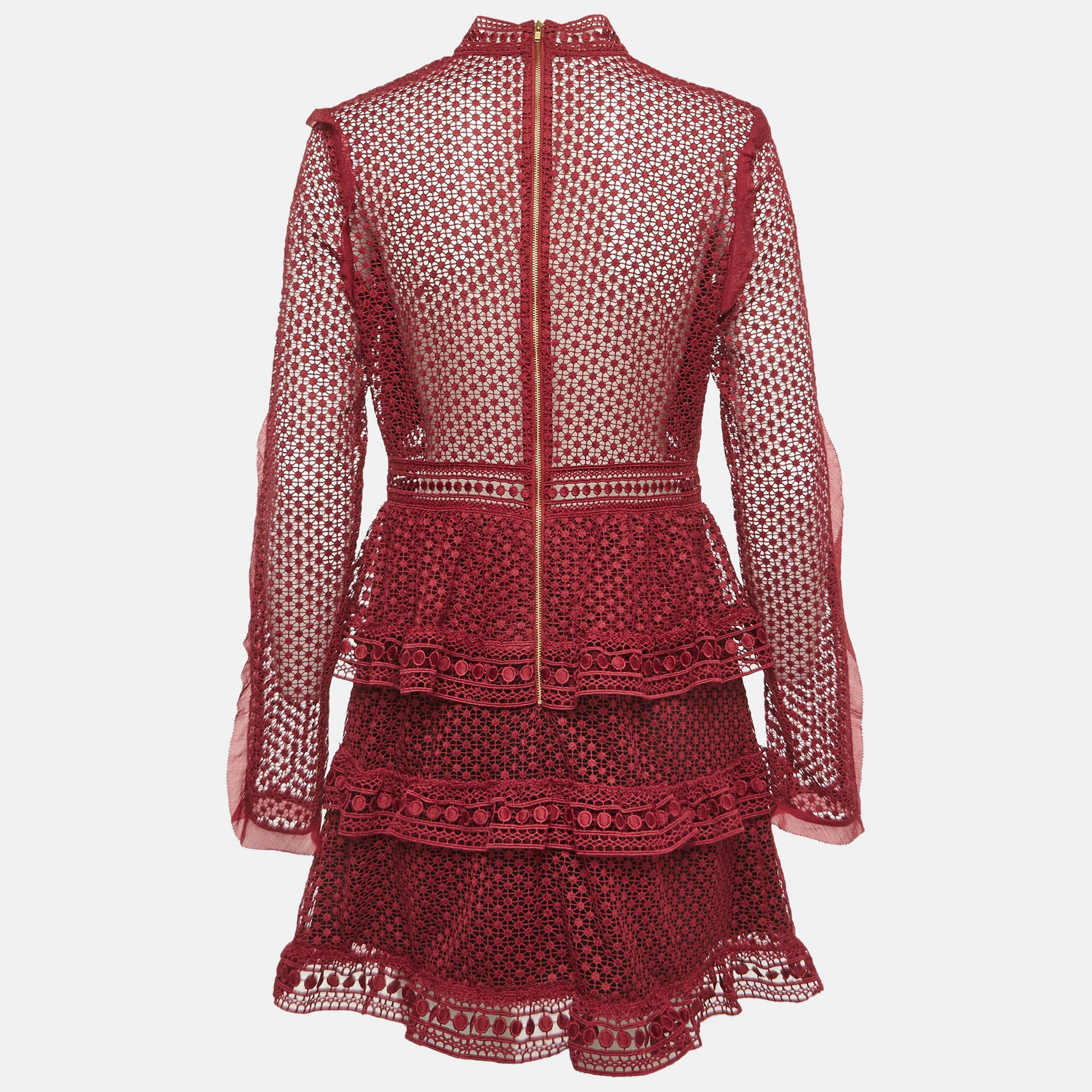 Self-Portrait Burgundy Guipure Lace Tiered Mini Dress - Image 3
