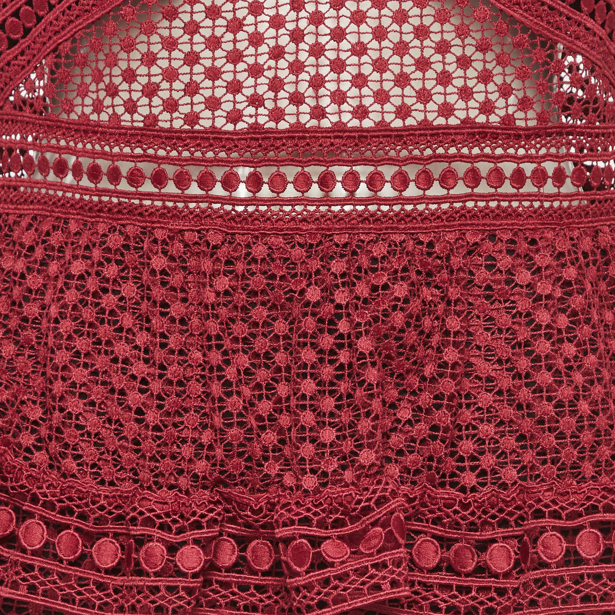Self-Portrait Burgundy Guipure Lace Tiered Mini Dress - Image 4