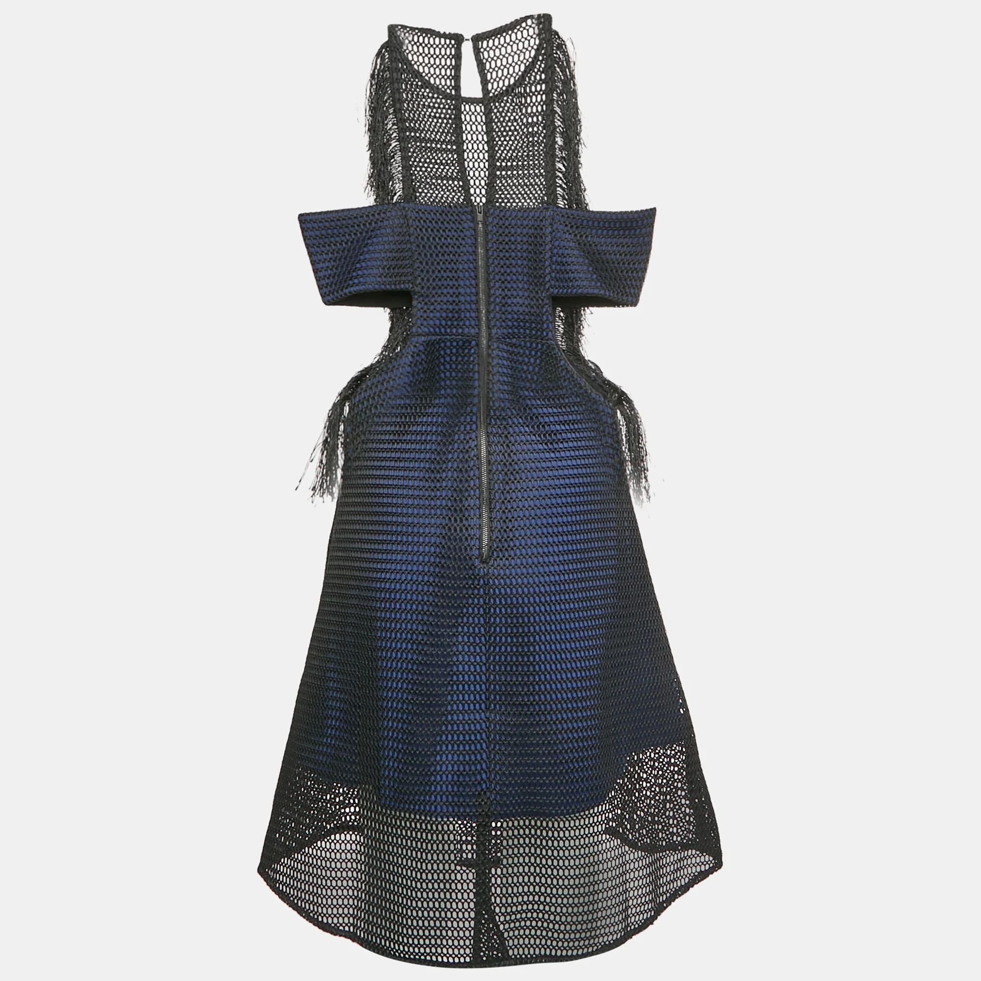 Self-Portrait Navy Blue/black Neoprene Flared Fringed Mini Dress - Image 3