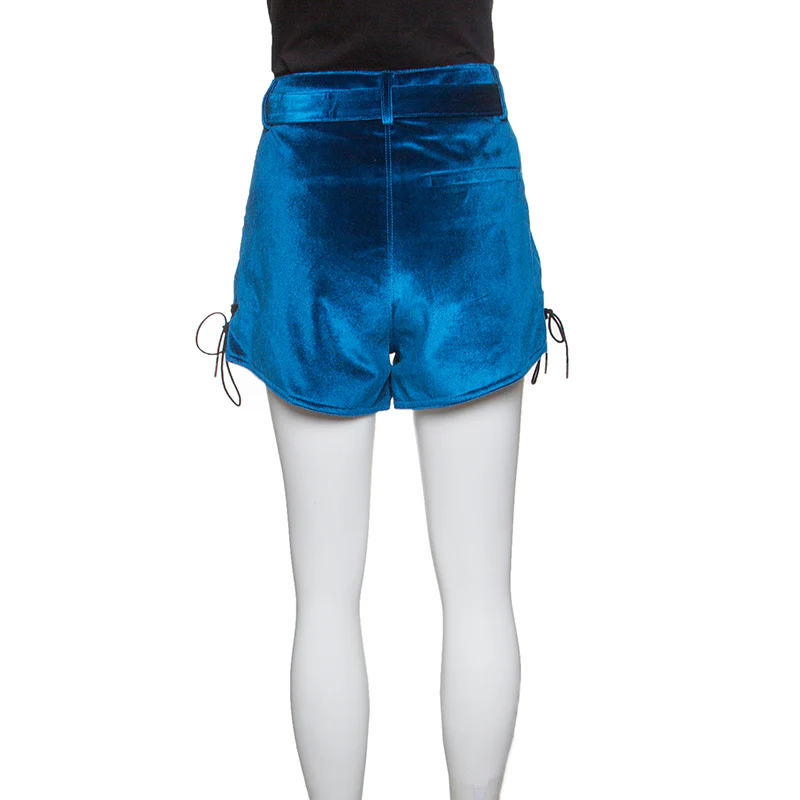 Self Portrait Peacock Blue Velvet Lace-Up Cuff Belted High Waist Shorts - Image 3