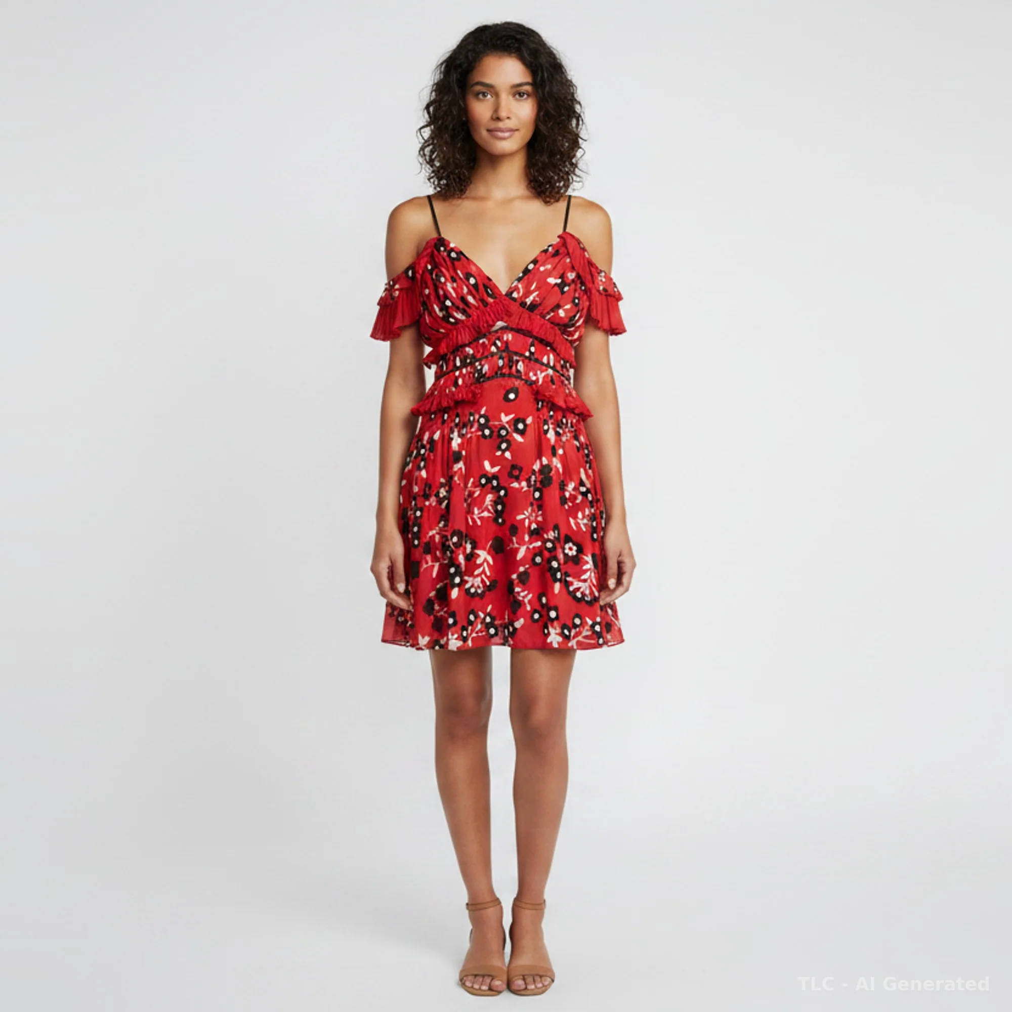 Self-Portrait Red Floral Print Crepe Ruffled Mini Dress