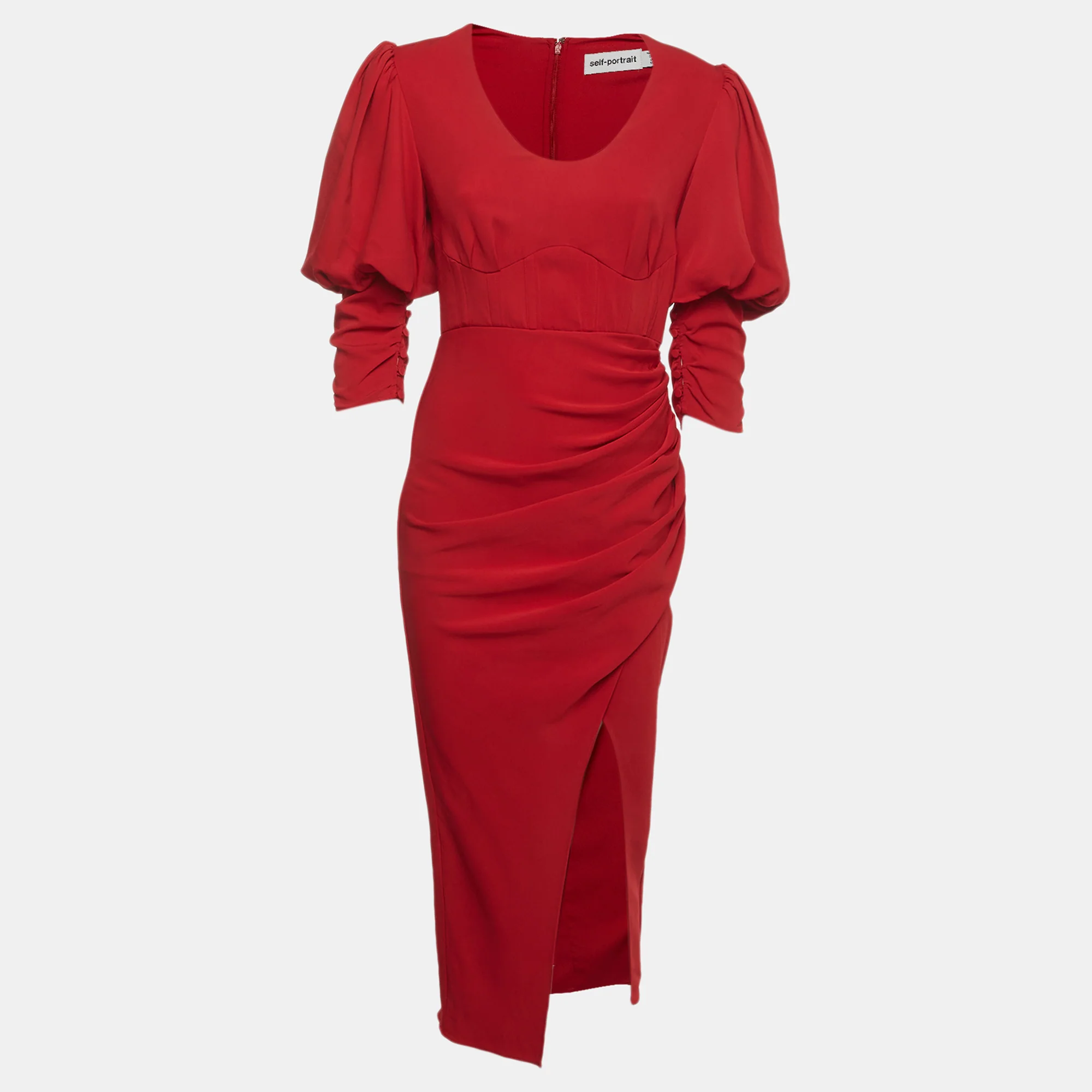 Self-Portrait Red Stretch Crepe Draped Thigh Slit Midi Dress