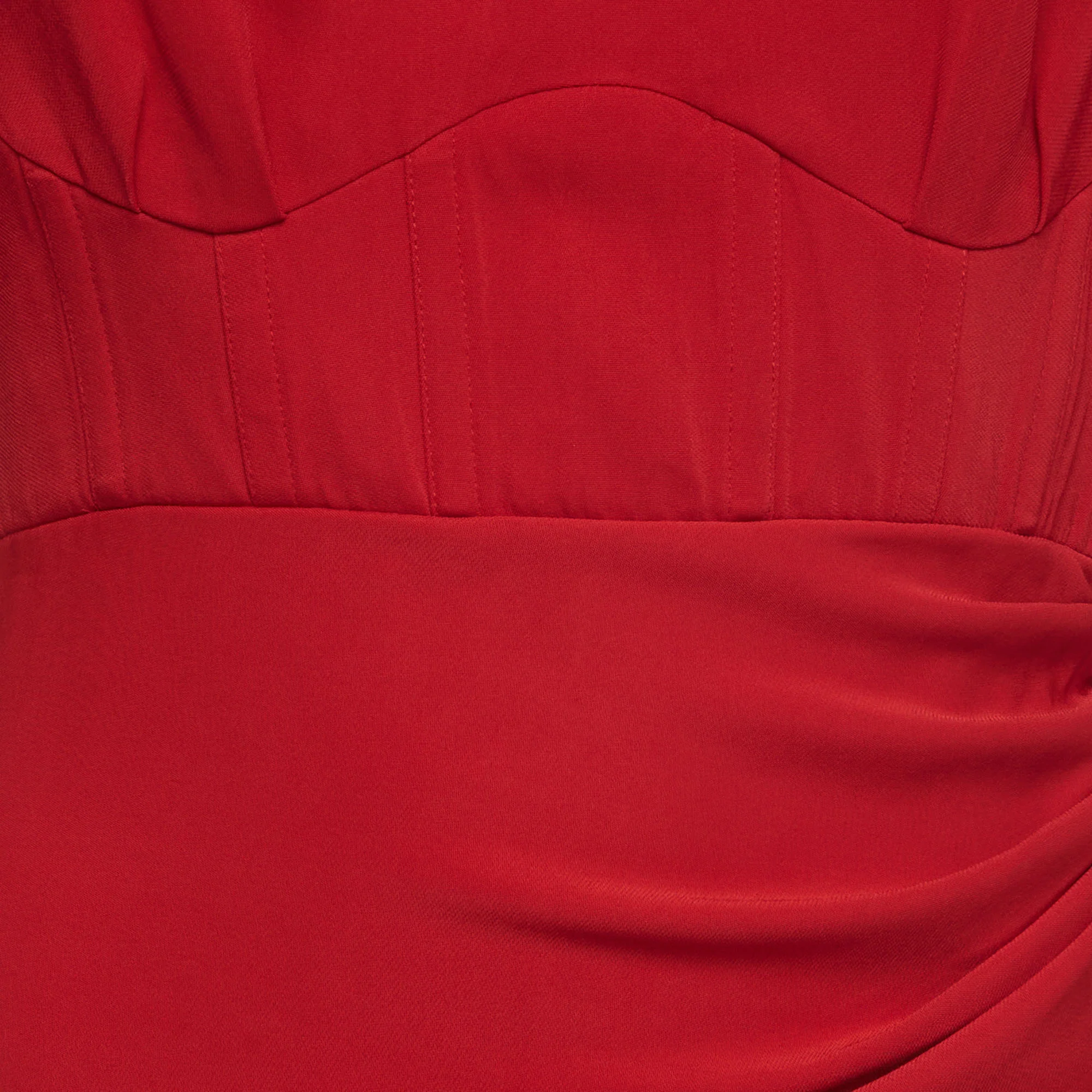 Self-Portrait Red Stretch Crepe Draped Thigh Slit Midi Dress - Image 4