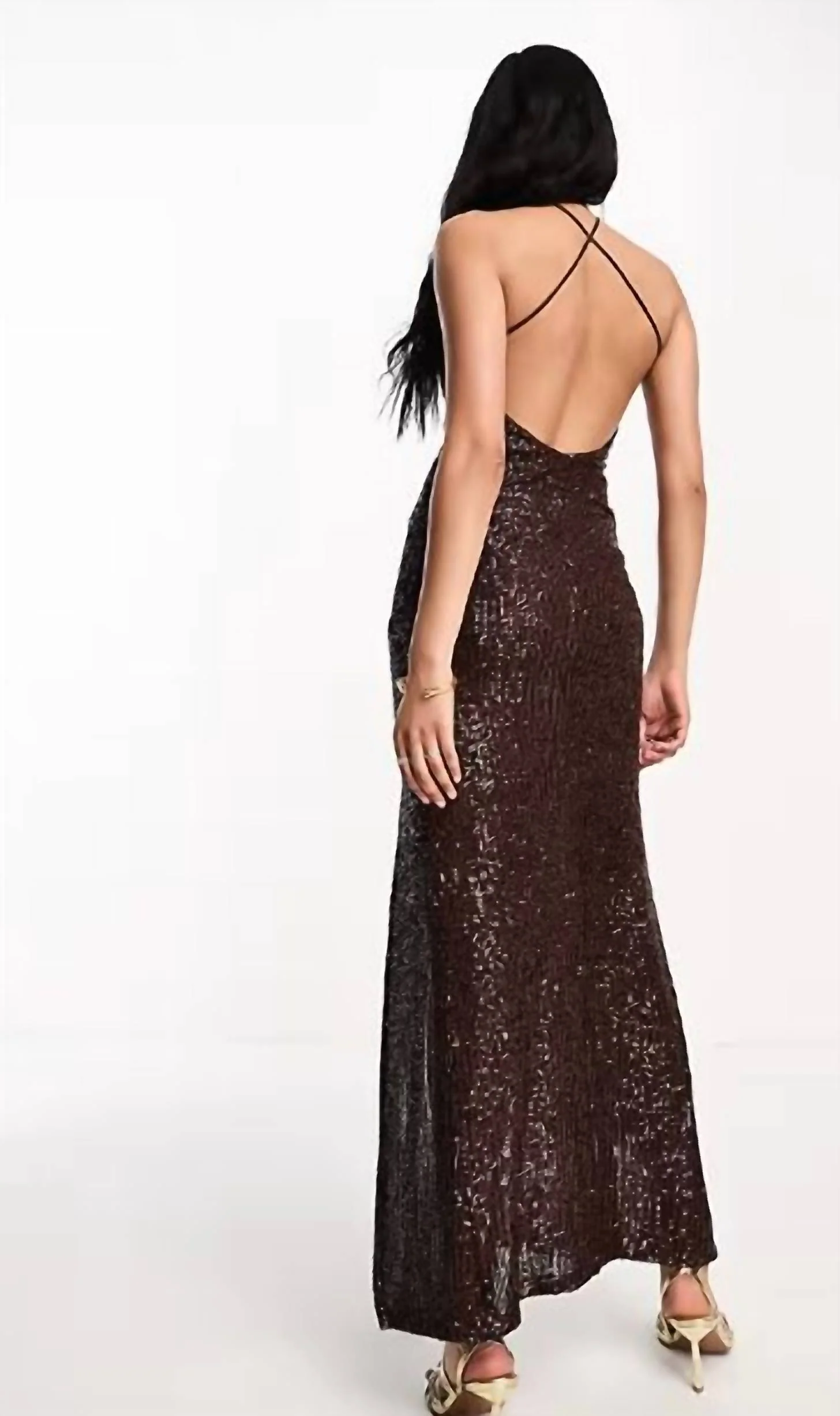 Sequin Cut Out Gown In Chocolate Brown - Image 3