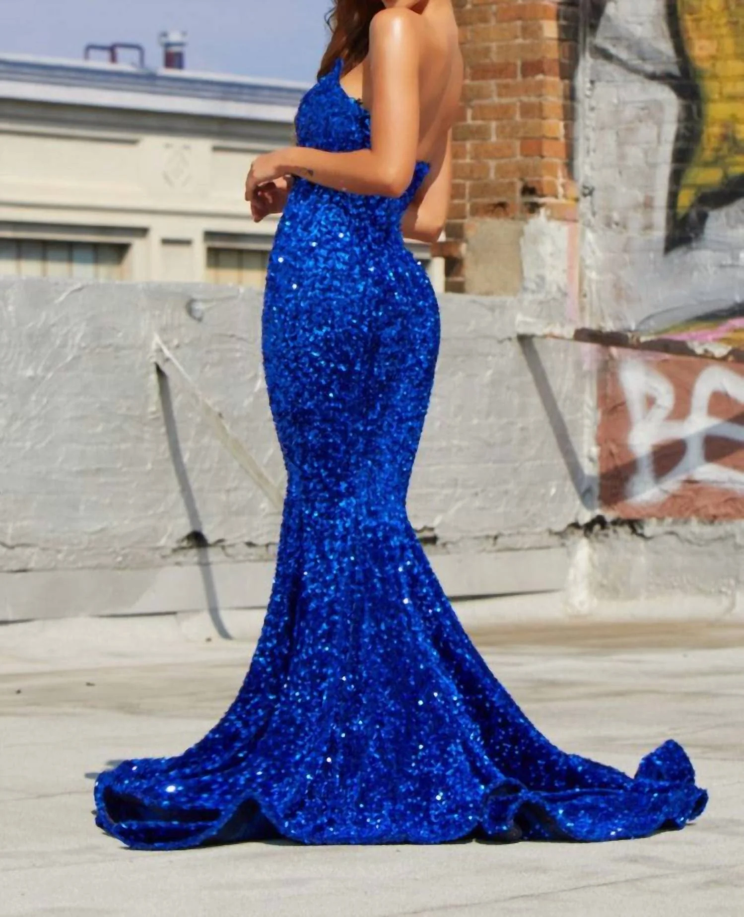 Sequin Evening Gown In Cobalt - Image 2