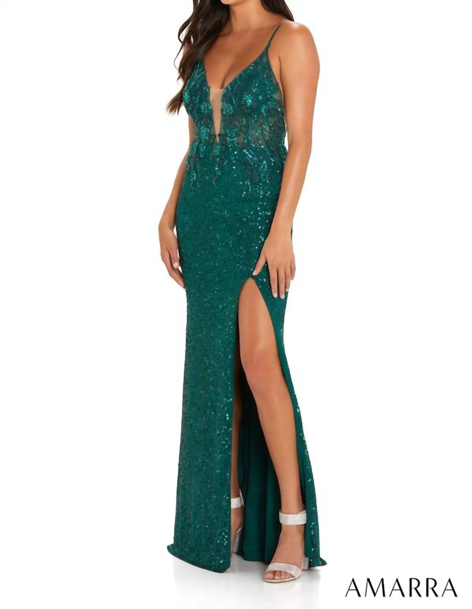 Sequin Fitted Gown In Emerald