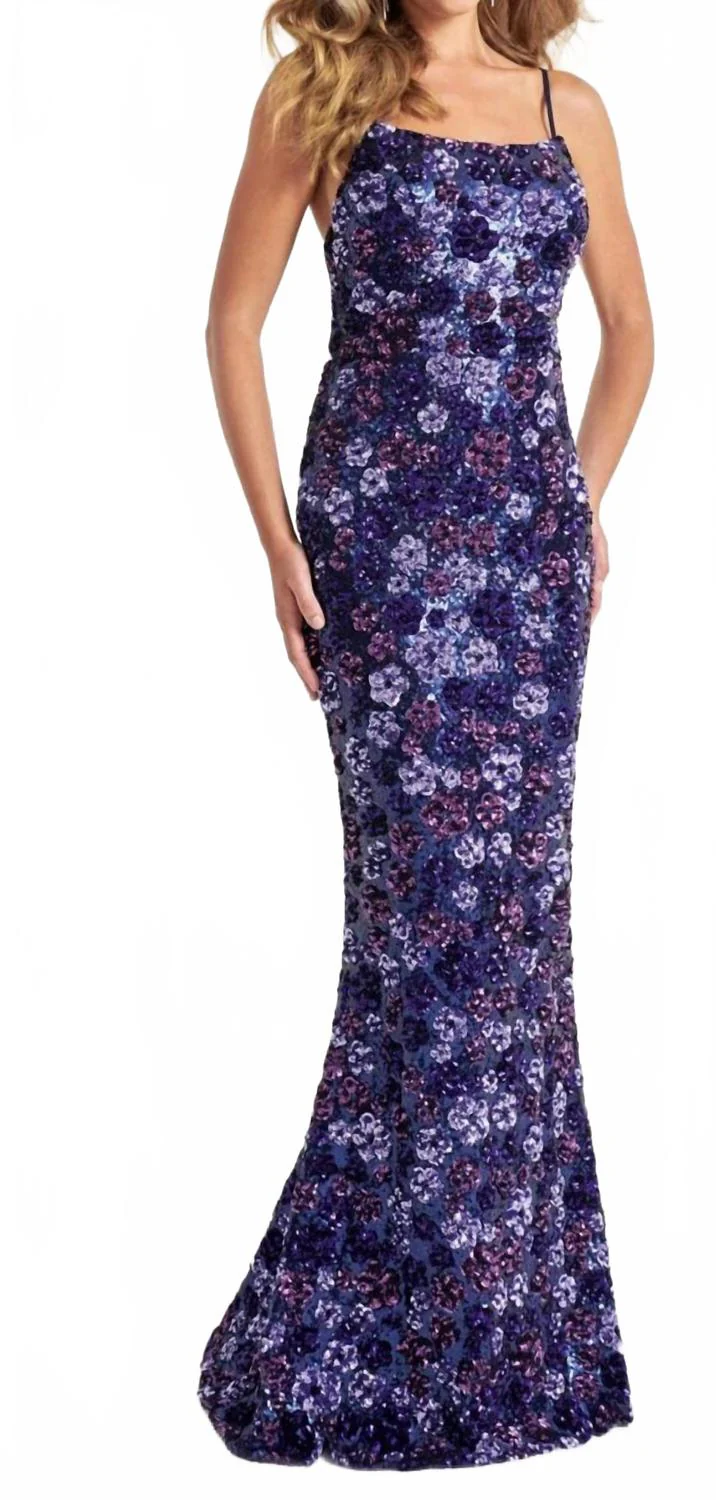 Sequin Floral Design Prom Dress In Purple Navy